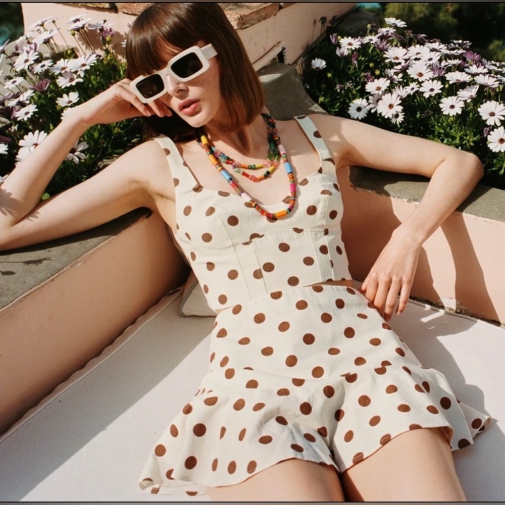 Zara white brown polka dot crop top mini skirt set